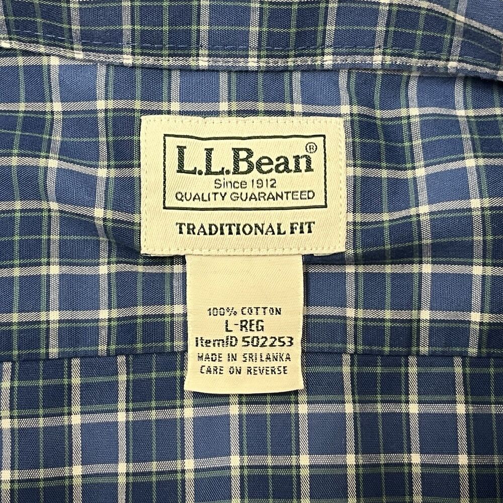 LL Bean Traditional Fit Blue Plaid Short Sleeve Shirt Size Large - Picture 2 of 3